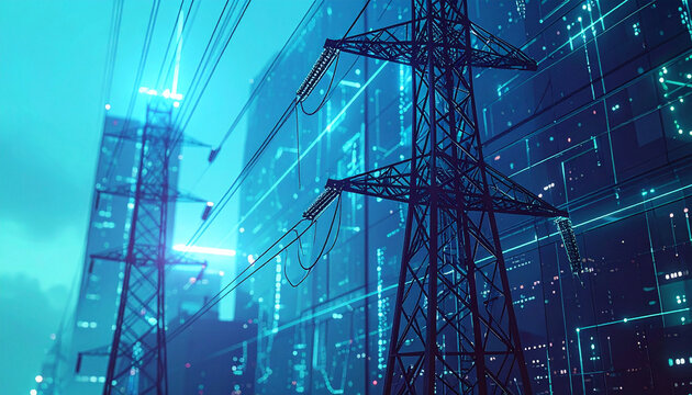 Digital Energy Network: A stylized representation of an electric power pylon integrated within a digital network, showcasing the flow of energy and the infrastructure of modern power transmission.