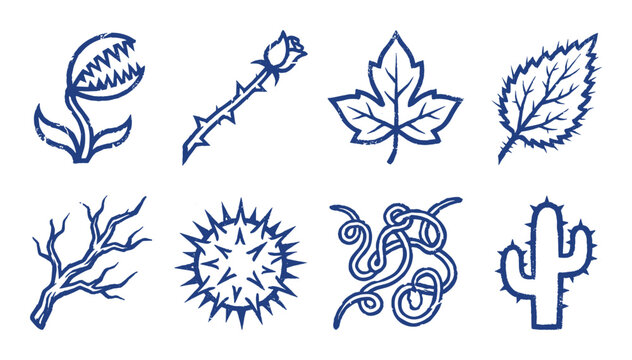 Nature and danger symbols vector set: Venus flytrap, rose, leaves, branches, sea urchin, knot, cactus.