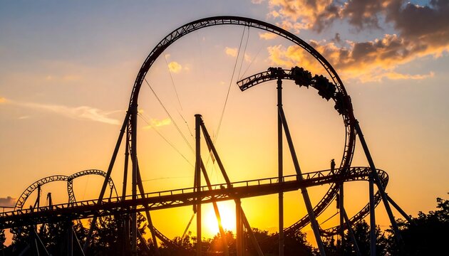 Silhouette of a roller coaster at sunset