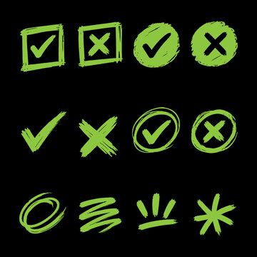 Collection of hand drawn green checkmarks and crosses symbols in various styles with check mark