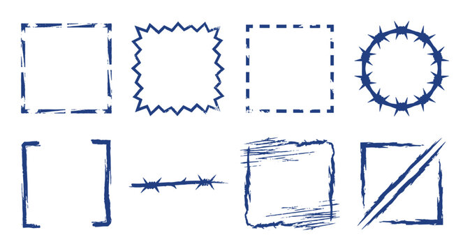 Set of grunge decorative borders and frames with elements like barbed wire and circle shapes.