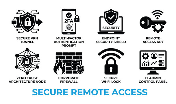 Secure remote access black icons showing vpn tunnel multi factor authentication and firewall protection.