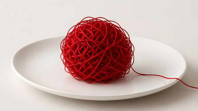 Tangled red thread on white plate for anxiety concept