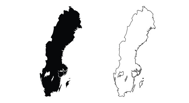 A stark black and white depiction showcases the outline of sweden presented in two contrasting views high quality