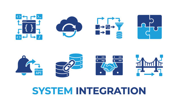 System integration blue flat icons for cloud sync database link api notification and server connection.