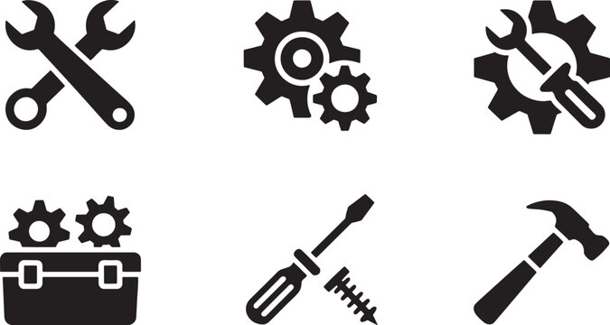 Set of six black and white representing tools and mechanical components wrench spanner