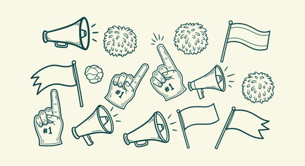 Hand-drawn sports fan support icon set with megaphones, foam fingers, pompoms and flags doodle © vectorial