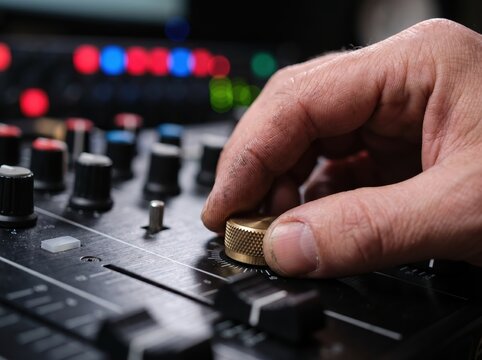 DJ Hand adjusting knobs on sound mixer board