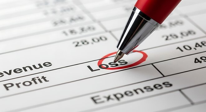 A red pen circles Loss on a financial document with expenses and revenue.