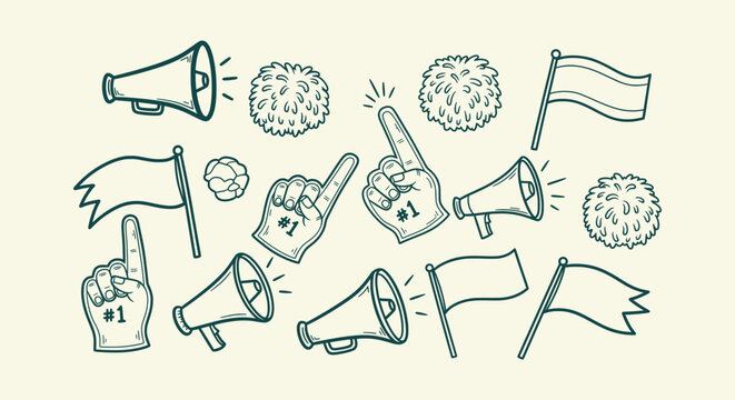 Hand-drawn sports fan support icon set with megaphones, foam fingers, pompoms and flags doodle