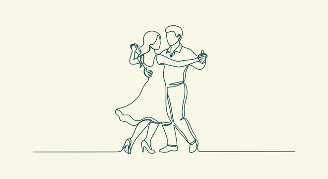 Minimalist single line art of a man and woman ballroom dancing gracefully on a neutral background