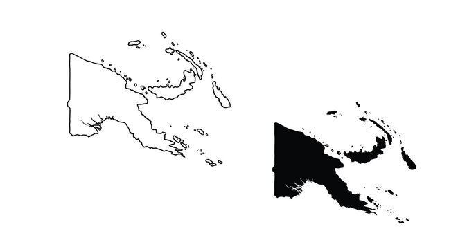 A black and white illustration depicting the outline of papua new guinea showcasing its islands and mainland