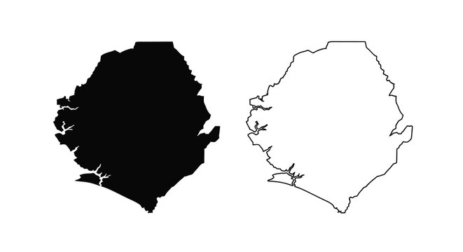 A graphic representation displays the shape of sierra leone in both filled black and white outline forms