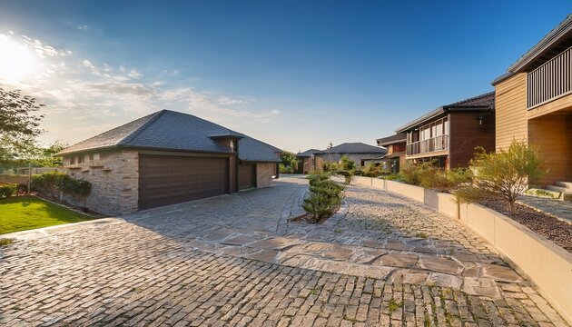 street view of rustic style stone paving residences in a modern residential suburban