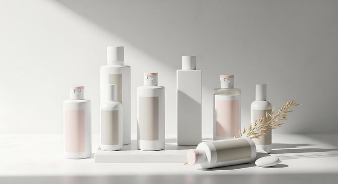 Skincare products on white surface.