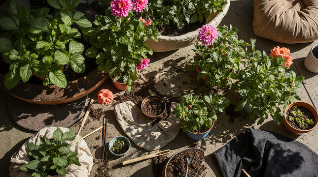 Indoor gardening top view of lush potted plants arranged on table creating vibrant home garden composition