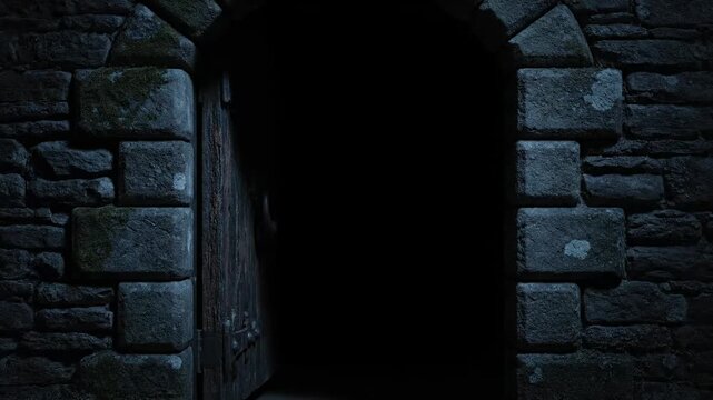 A weathered wooden door in a stone archway, partially illuminated by light