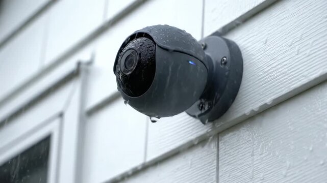 A weatherproof outdoor security camera mounted on a white house exterior