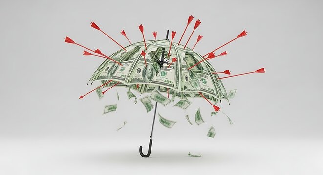 A money umbrella with arrows piercing through it, surrounded by falling cash in a chaotic scene.