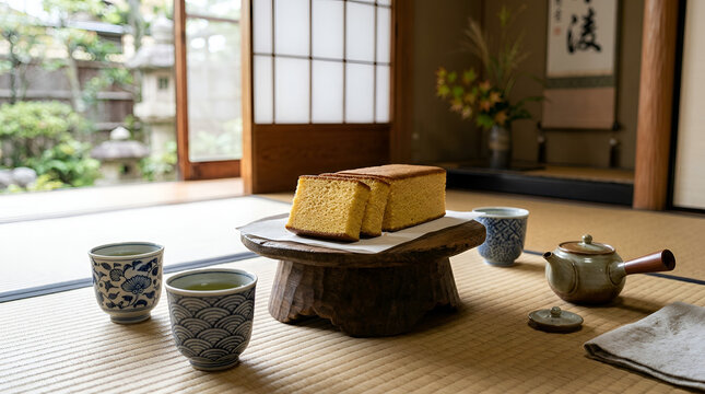 Traditional Japanese Castella Sponge Cake with Green Tea Service on Tatami Mats Overlooking a Serene Zen Garden in a Traditional Ryokan