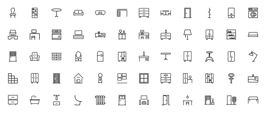 Furniture icon set. Vector illustration of home objects including chair, sofa, table, cabinet, wardrobe, appliances and more. Minimalist line icons.