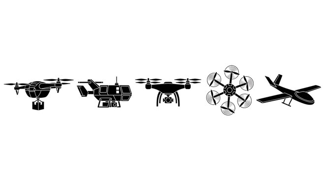Drone aircraft icons in silhouette.