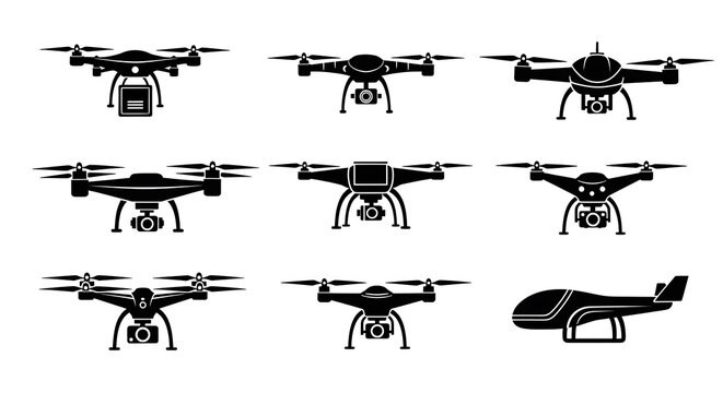 Drone helicopter aircraft icons set.