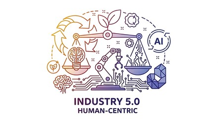 Fototapeta premium Industry 5.0 balance scale between human brain and AI robot, human centric concept.