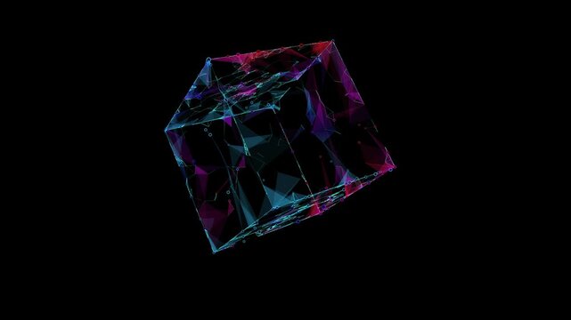 Abstract background 3D digital multicolor wireframe cube rotate. 3D algorithm blockchain grid dinamic blocks. Multi core box. Artificial intelligence design.  Big data.