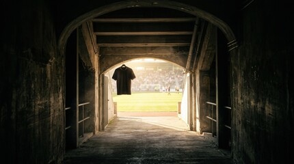 Fototapeta premium Panoramic old stadium tunnel opening onto sunlit field