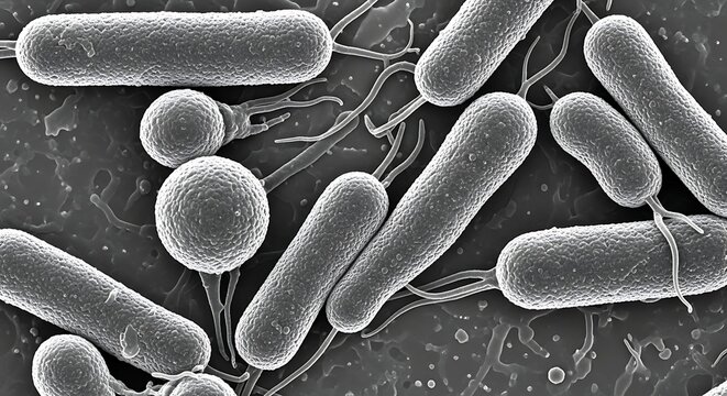 Close-up, high-resolution scanning electron micrograph of rod-shaped and spherical bacteria