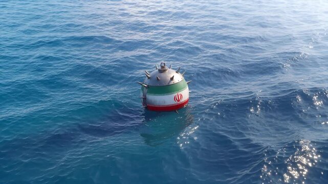 Spiked naval mine with Iranian flag floating in open sea. Concept of maritime explosive device.