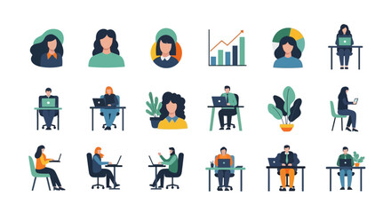 Fototapeta premium Flat Design Business Illustrations: Diverse Workforce, Remote Work, Office Collaboration, User Avatars & Analytics