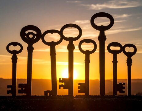 Silhouette of keys against an orange sky, with a line of hills in the horizon under the sun