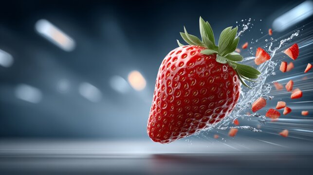 Fresh strawberry splashing with fragments flying in a dynamic, energetic setting