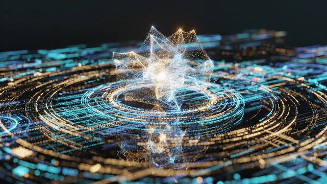 Abstract digital futuristic network connection with glowing particles and concentric circles
