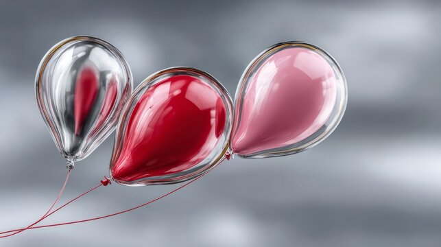 Balloons in bright colors float together against a neutral backdrop in a celebratory setting