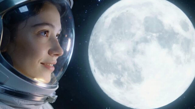 Smiling young woman in spacesuit pointing at moon. Astronaut observing lunar surface from spacecraft. Panning medium shot.