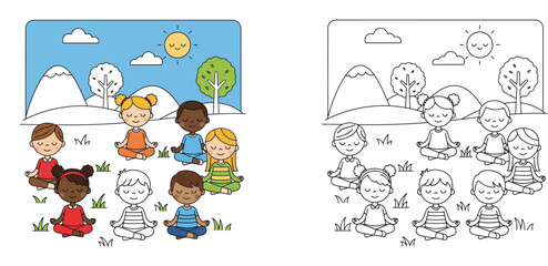 Fototapeta premium Diverse Group of Kids Meditating and Doing Yoga in Nature Park Illustration with Black and White Line Art Version for Coloring Book, Children Mindfulness and Wellness Vector Scene