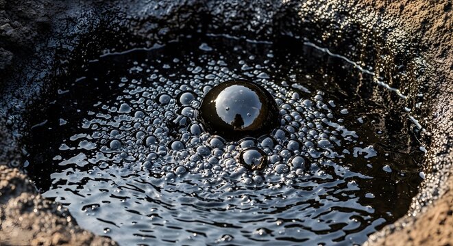 Close-up of dark, viscous crude oil bubbling up from a natural tar pit or oil seep in dry, cracked ground.