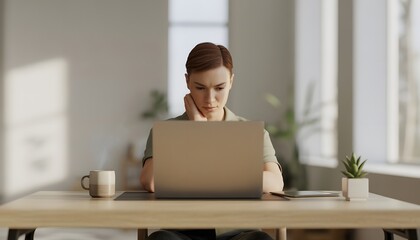 Fototapeta premium Focused Woman Remote Working on Laptop at Minimalist Desk in Sunlit Home Office with Copy Space