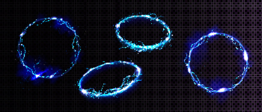 Blue glowing electrical lightning rings and circular energy frames
