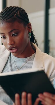 Tablet, meeting and team with business people in office for brand awareness, planning and project. Target audience research, collaboration and social media marketing with women in creative agency