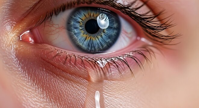 Close-up of a blue eye with a tear rolling down the cheek