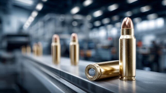 Manufacturing process of ammunition with bullet casings in a factory setting