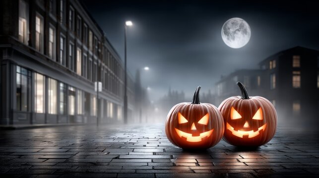Halloween pumpkins on city street with full moon at night