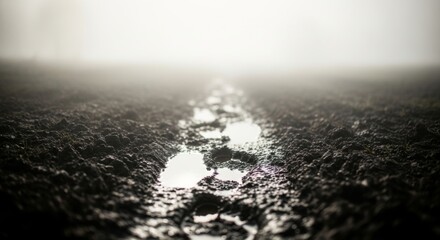 Obraz premium Footprints in Muddy Path Disappear in Fog
