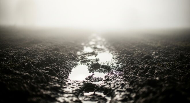Footprints in Muddy Path Disappear in Fog