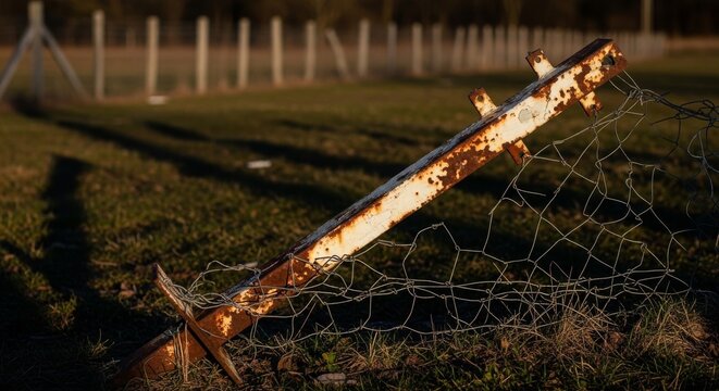 Rusty metal fence post with broken anchor points