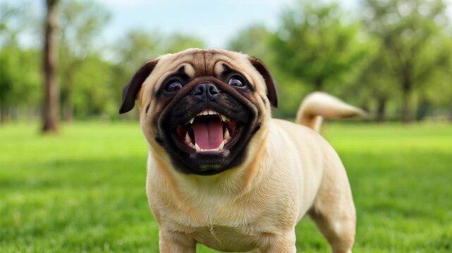 A cute pug dog stands in a grassy park, looking at camera and smiling.